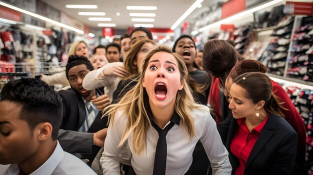 Photo overwhelmed employees at a retail store during black friday sales