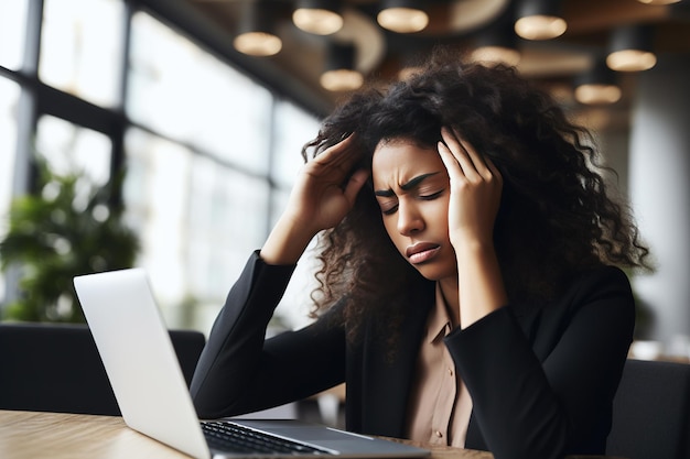 Overwhelmed ethnic businesswoman suffering from headache Generative AI