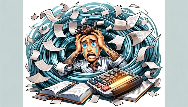 Overwhelmed Man with Financial Papers Illustration