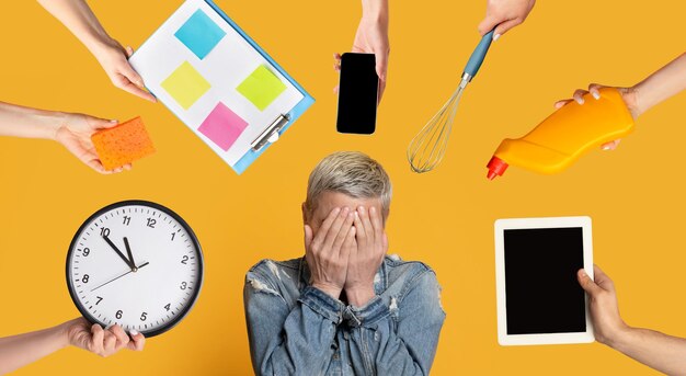 Overwhelmed mature woman having difficulties with time management