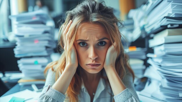 Overwhelmed Office Worker Surrounded by Stacks of Paperwork