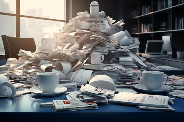 Overwhelmed A Pile of Paperwork and Coffee Cups Reflecting the Stressful Nature of Office Deadlines