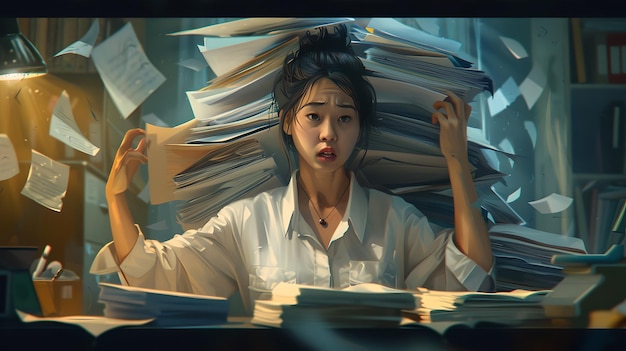 Photo overwhelmed professional amidst a mountain of paperwork in a dim office setting embodying work stress conceptual editorial illustration ai