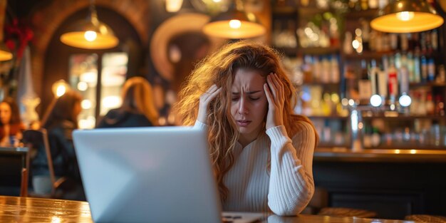 Overwhelmed Woman Battles With Laptop In Busy Bar