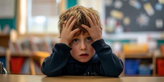 Photo overwhelmed young boy in a classroom setting hands on head expressing stress or fatigue candid capture of childhood emotions ai