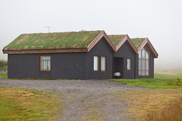 Overwoekerd typisch landelijk ijslands huisje op een bewolkte dag