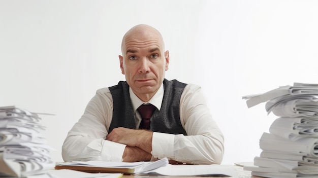 Photo overworked bureaucrat exhausted businessman overwhelmed with documents on white background in the