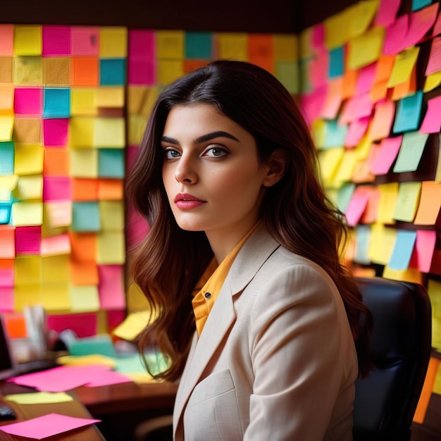 Foto una donna d'affari impegnata e sovraccarica di lavoro con molti compiti e attività indicati da un ufficio coperto da