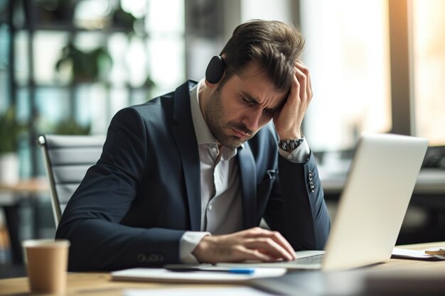 Photo overworked man having acute headache while working in office due to frustration fatigue and crisis