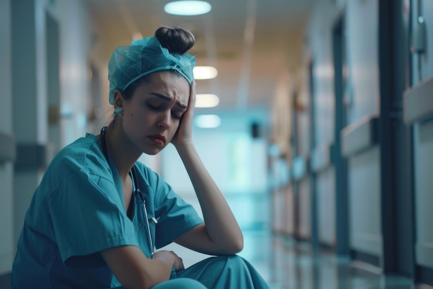 Overworked nurse takes coffee break in hospital