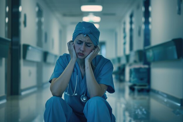 Photo overworked nurse takes coffee break in hospital