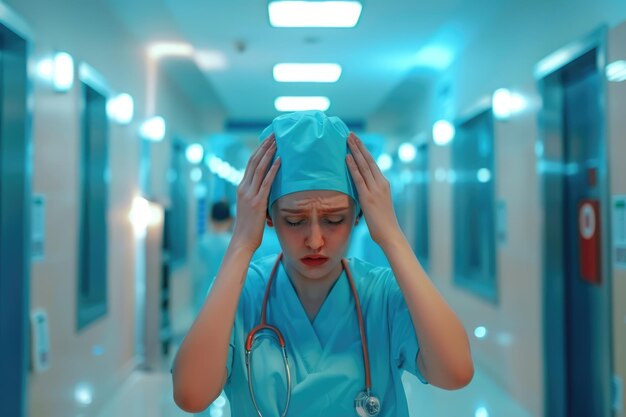 Overworked nurse with headache in hospital