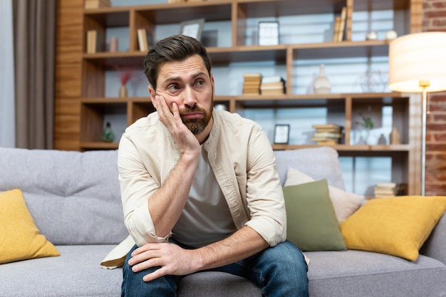 Overworked sad man sitting alone on sofa mature businessman at home holding hands on head in