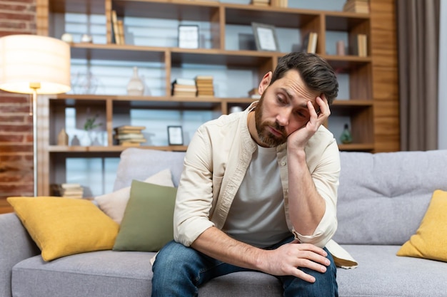 Overworked sad man sitting alone on sofa mature businessman at home holding hands on head in