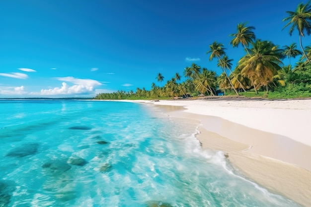 Overzees strand met blauwe waterwitte zandpalmen en lucht generatieve AI