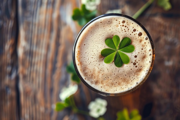 Overzicht van een pint bier met een gelukkige Ierse klaver St. Patrick's Day drankje