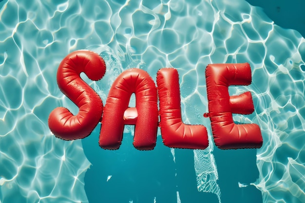 Overzicht van een zwembad met het woord verkoop gespeld van opblaasbare zwembad drijvers