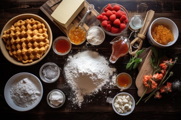 Overzicht van wafels en ingrediënten op een keukentafel