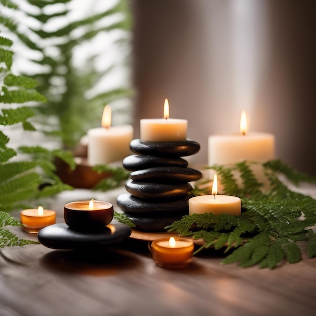 owel op varens met kaarsen en zwarte hete steen op houten achtergrond Massage met hete steen