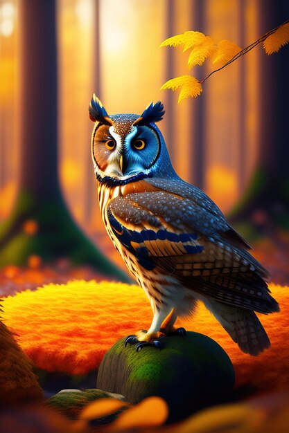 Owl in the autumn forest 3d illustration