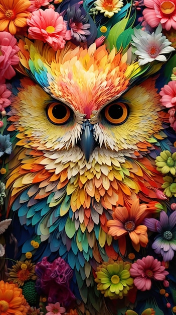 Сова птица на фоне красочных цветов