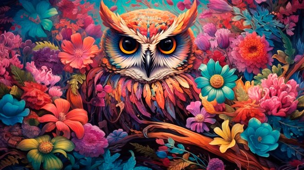 Owl bird in colorful flowers generative ai illustrator