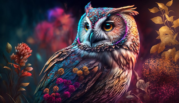 owl bird in colorful flowers generative ai