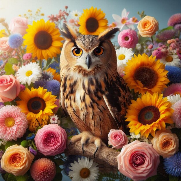 Photo owl bird in colorful flowers