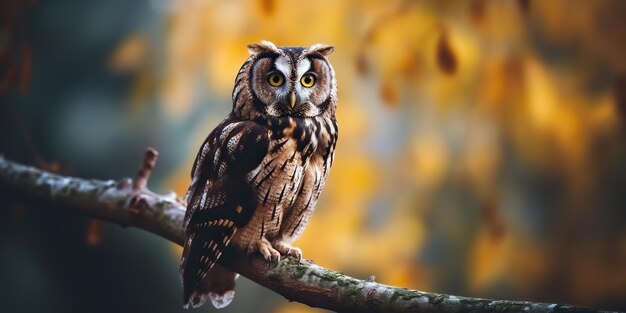 Owl bird sitting on a banch tree Wil life nature outdoor forest background landscape scene