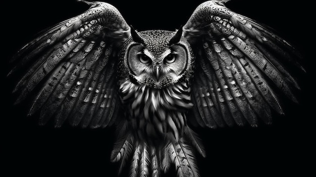 Owl on a black background Monochrome illustrationgenerative ai