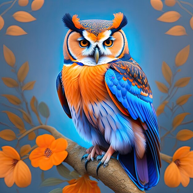 Owl in blue and orange colors