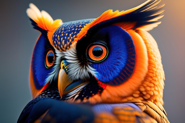 Owl in blue and orange colors