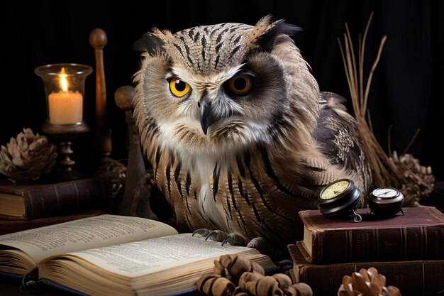 Photo owl on book symbol of knowledge in educational logo generative ia