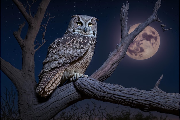 Photo owl on a branch generative ai