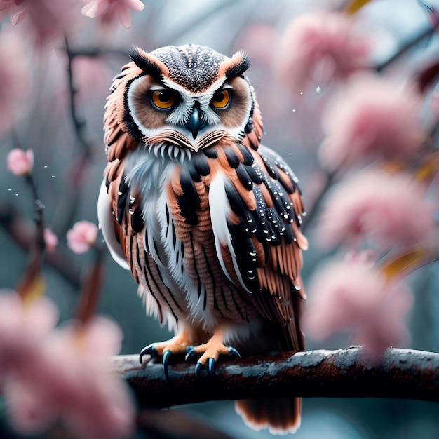 Owl on a branch near cherry blossoms morning dew