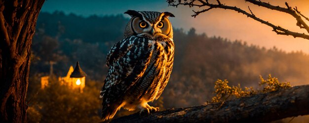 An owl on a branch during the sunset