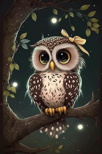 Photo owl on a branch with a bow on it