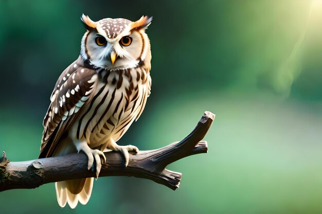 Owl on a branch with a green background