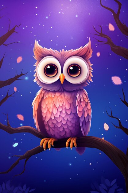 owl on a branch with night sky and stars