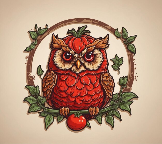 Owl on a branch with tomatoes Vector illustration in retro style