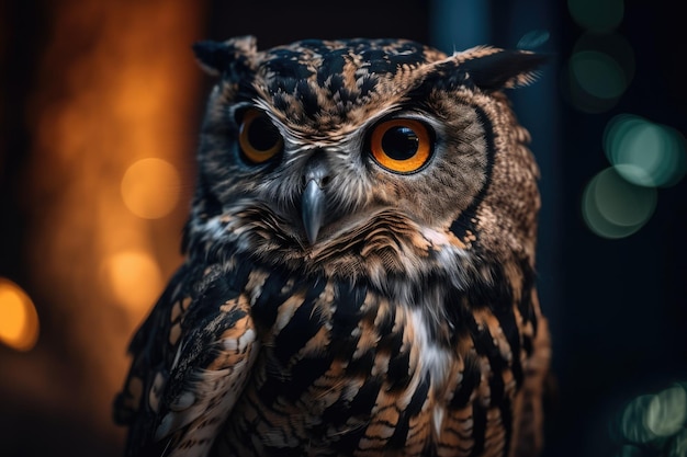 An owl in close up at night