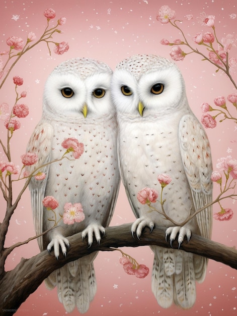 Owl couple pink and white couple in love concept