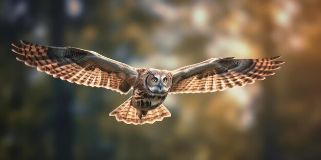 Photo owl dances in the sky amongst the trees