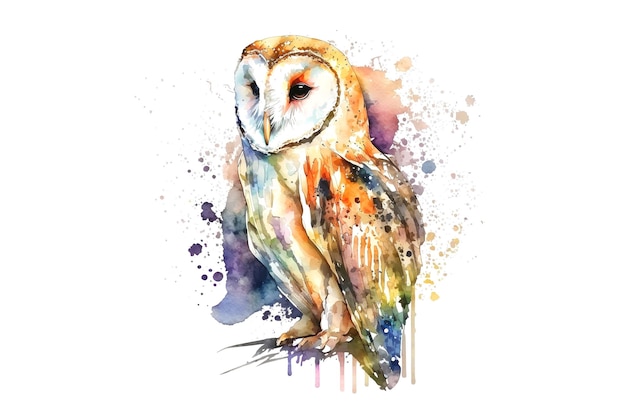 Photo owl drawn with multicolored watercolors isolated on a white background generated by ai
