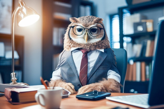 Owl dressed in business suit Concept of a boss wisdom and management