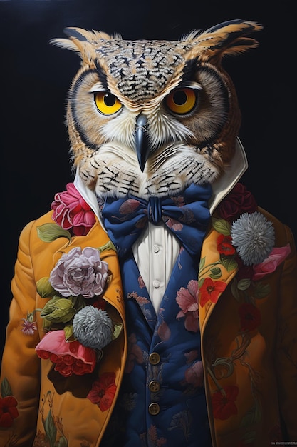 owl dressed tuxedo bow tie sales wearing gilded robes business attire portrait homelander dapper