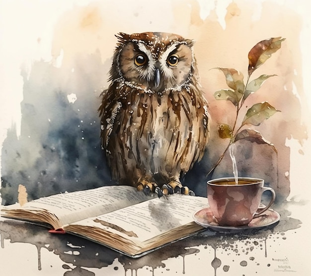 owl drink coffee owl watercolor with coffee owl coffee with watercolor style