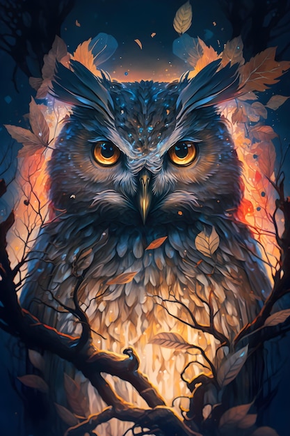 owl in fairy forest sitting on a branch. AI generated