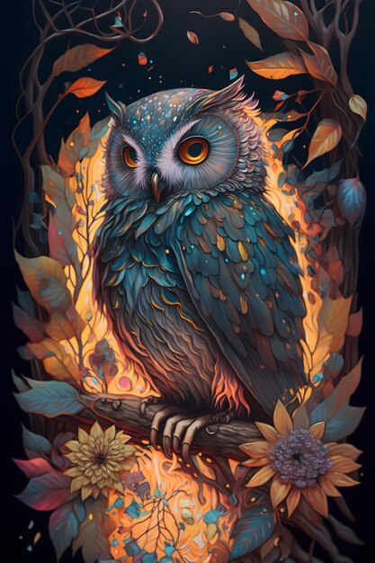 owl in fairy forest sitting on a branch. AI generated