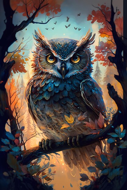 owl in fairy forest sitting on a branch